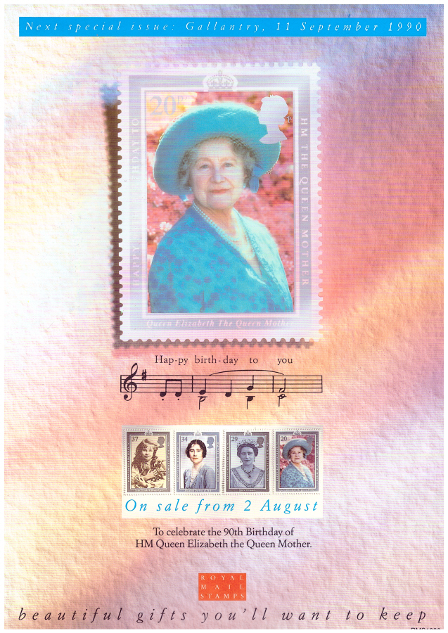 (image for) 1990 Queen Mother 90th Birthday Post Office A4 poster. RMS1090a.